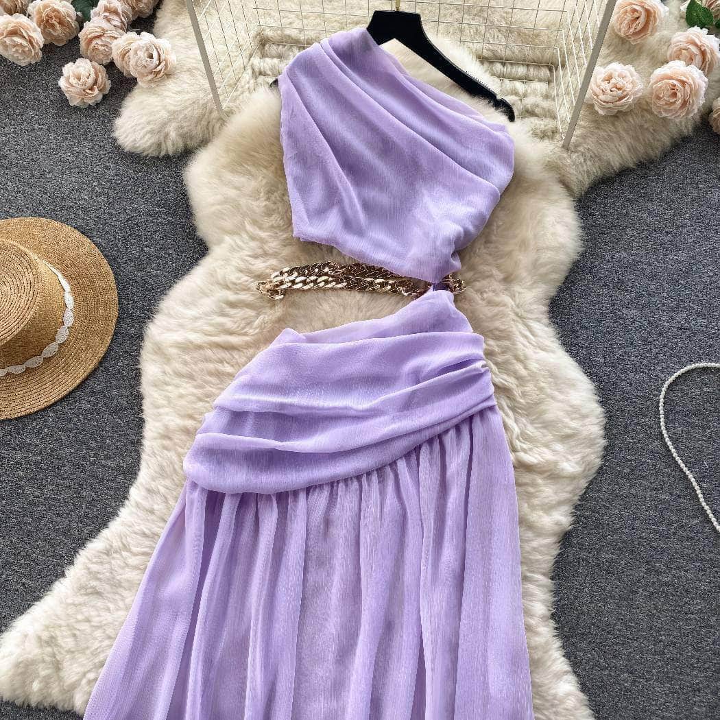 One-Shoulder Ruched Cut Out Chain Detailed Dress