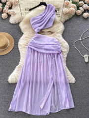 One-Shoulder Ruched Cut Out Chain Detailed Dress S / Plum