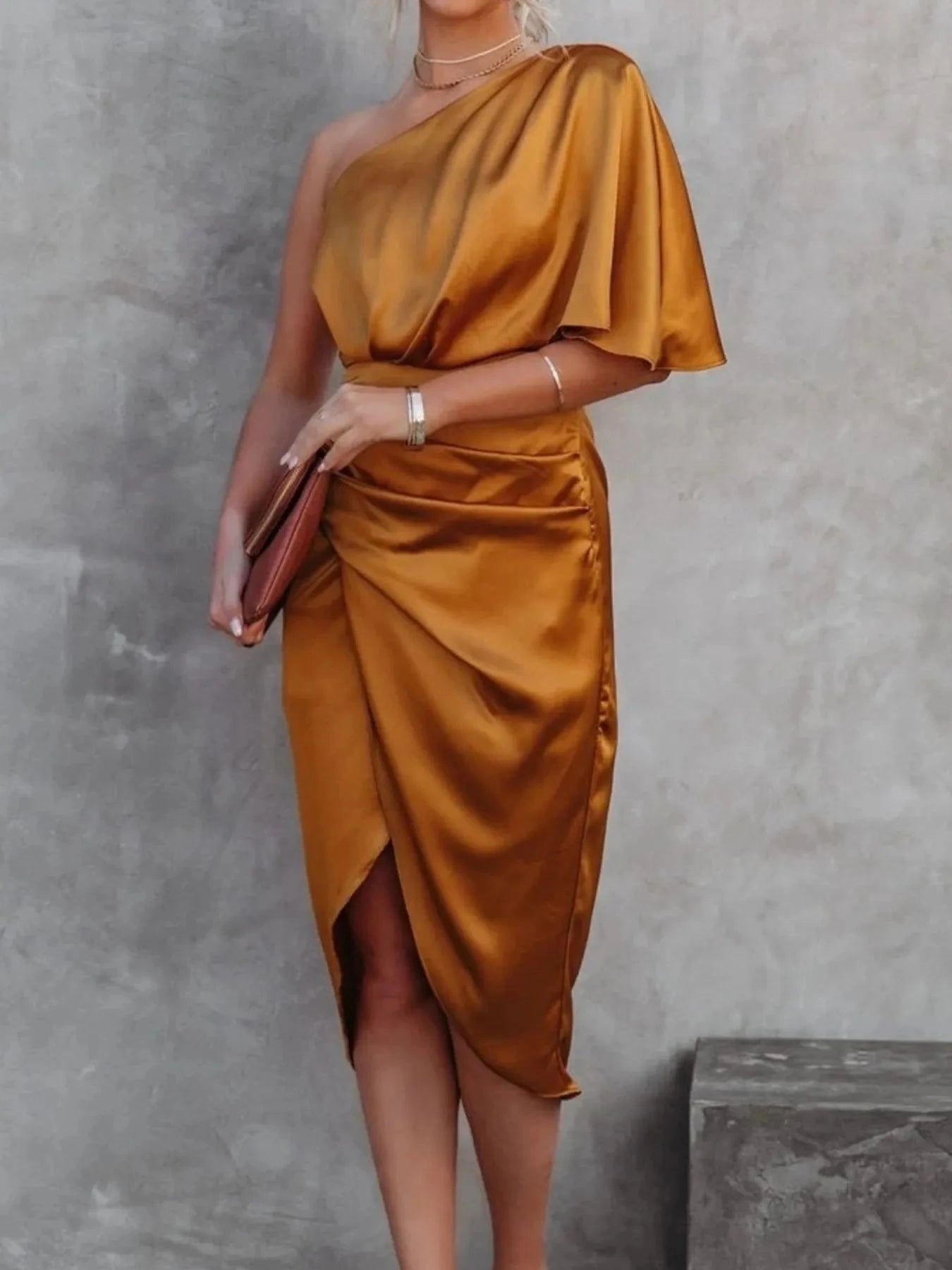 One-Shoulder Satin Wrap Dress with Side Slit Orange / S