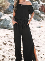 One Shoulder Short Sleeve Knotted Waist Jumpsuit Black / S