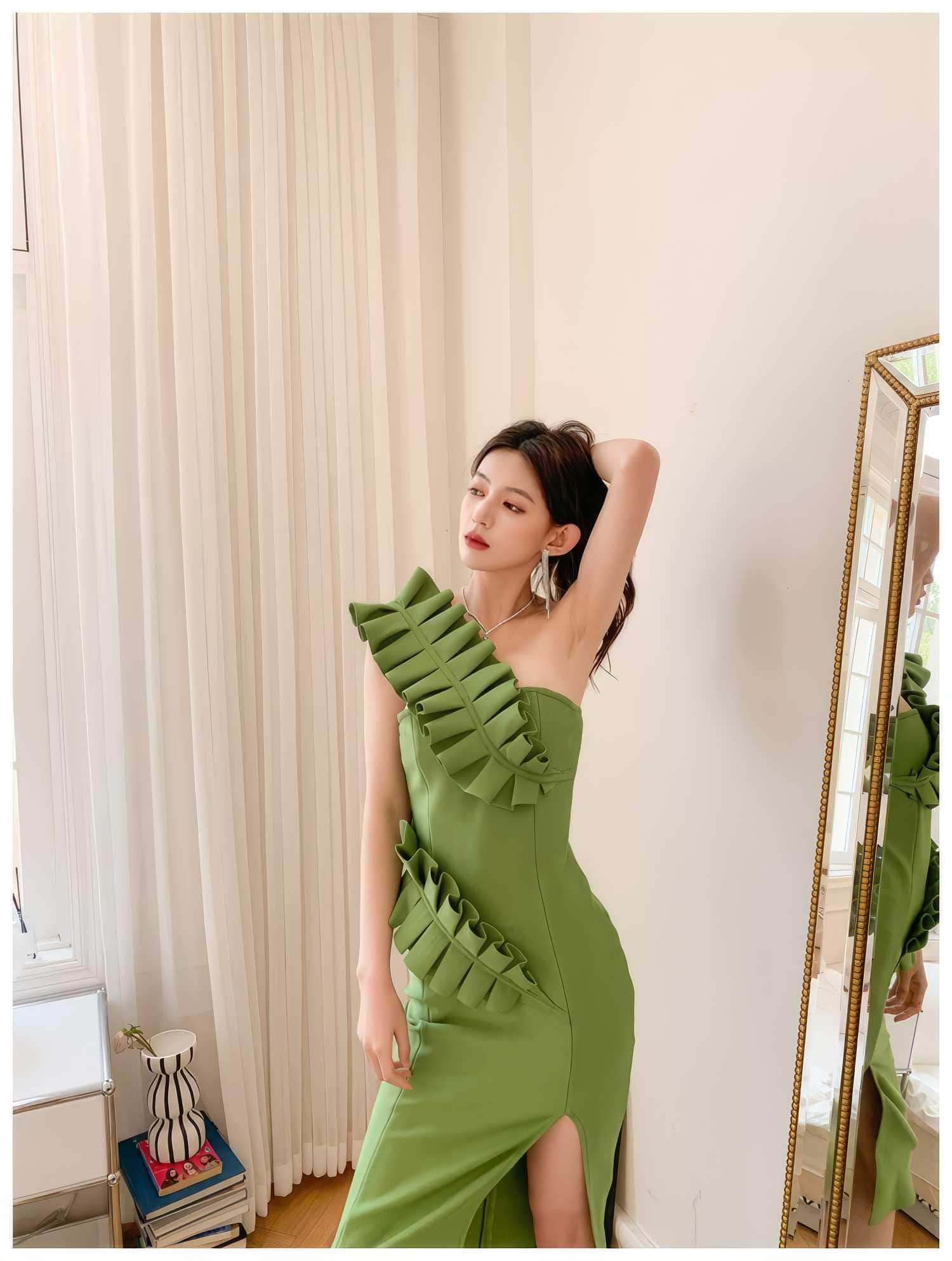 One-Strap Ruffle Detail Cocktail Split Dress