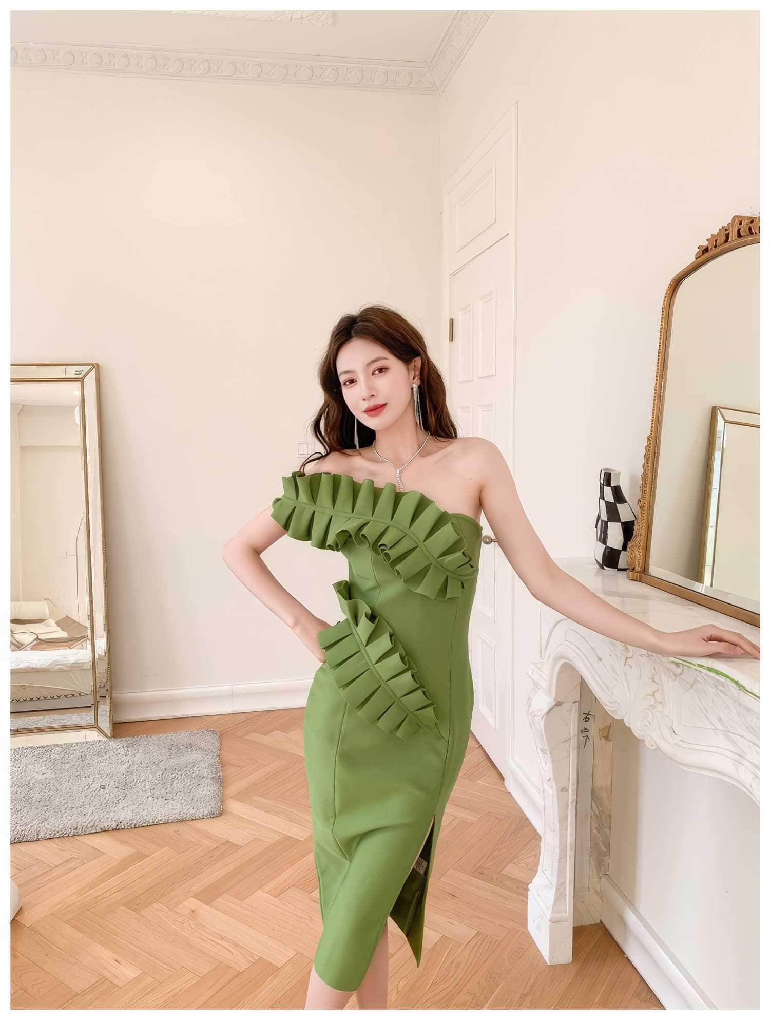 One-Strap Ruffle Detail Cocktail Split Dress