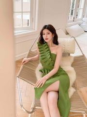 One-Strap Ruffle Detail Cocktail Split Dress