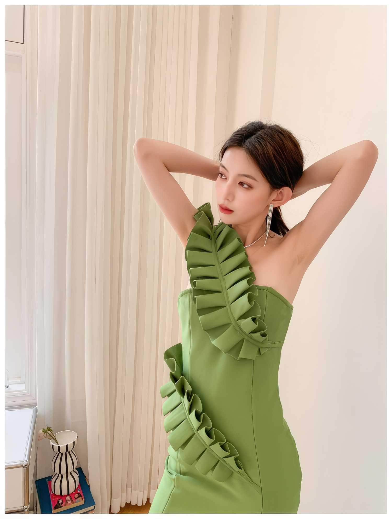 One-Strap Ruffle Detail Cocktail Split Dress