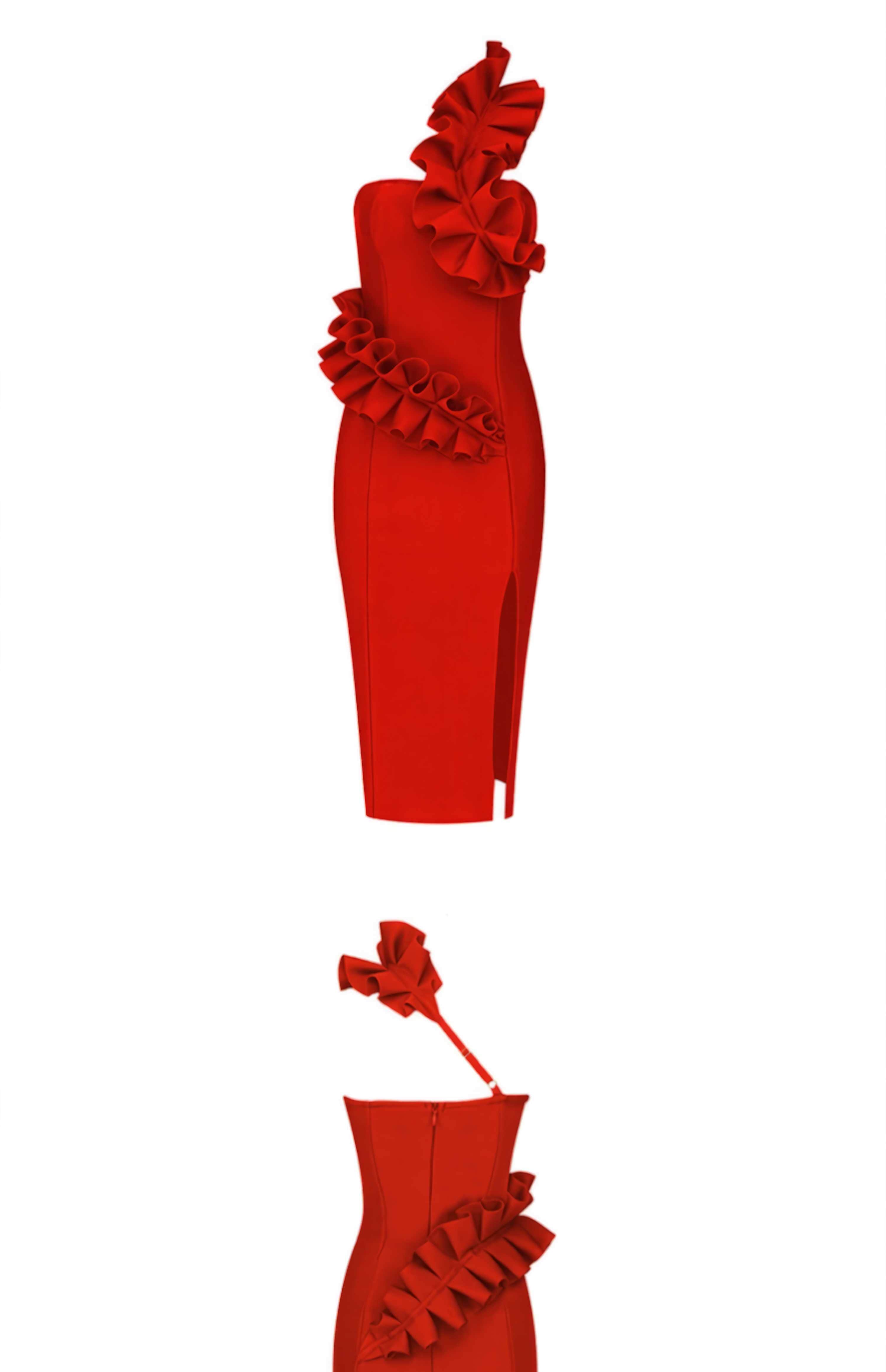 One-Strap Ruffle Detail Cocktail Split Dress