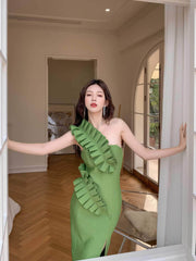 One-Strap Ruffle Detail Cocktail Split Dress