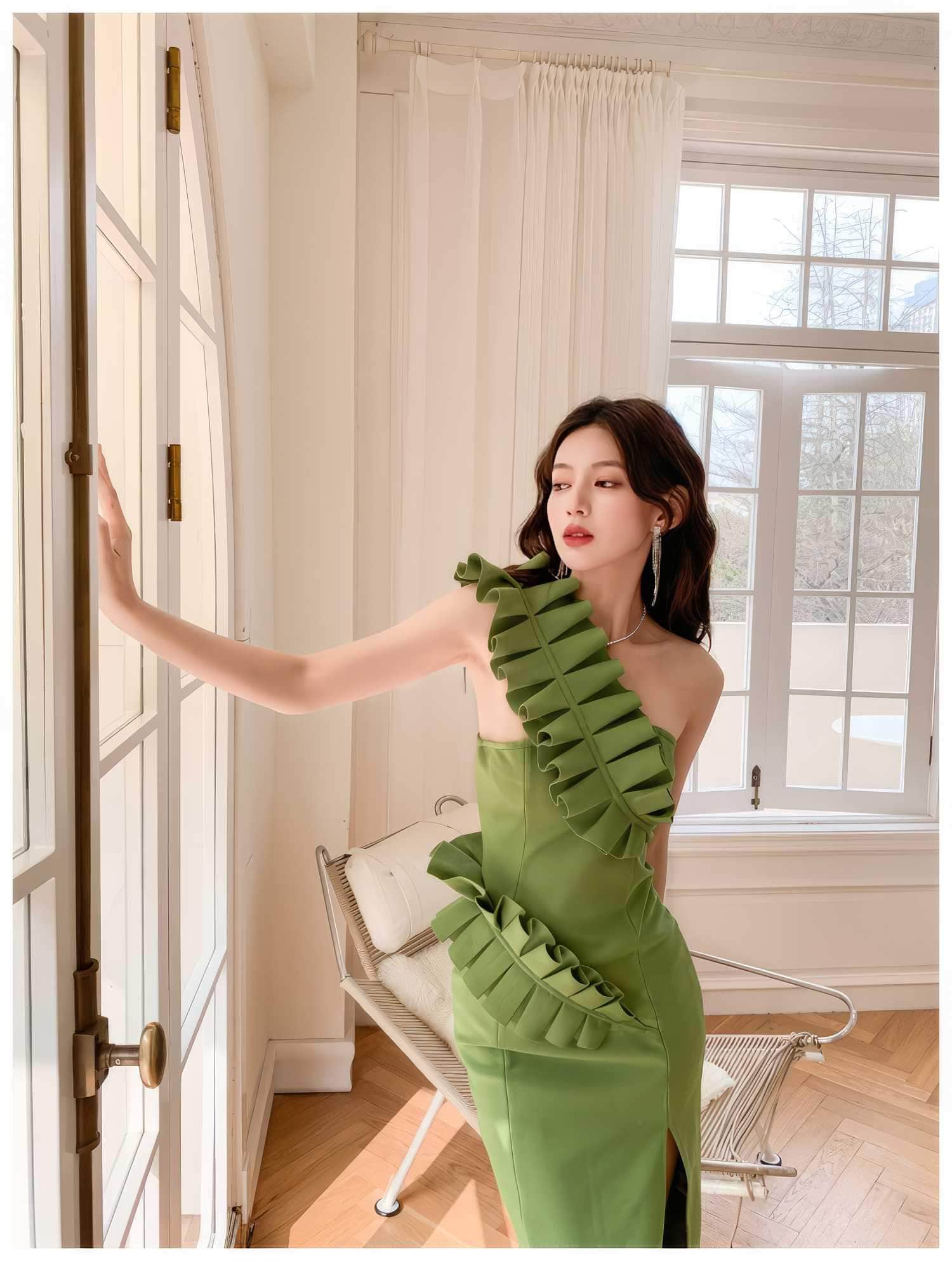 One-Strap Ruffle Detail Cocktail Split Dress