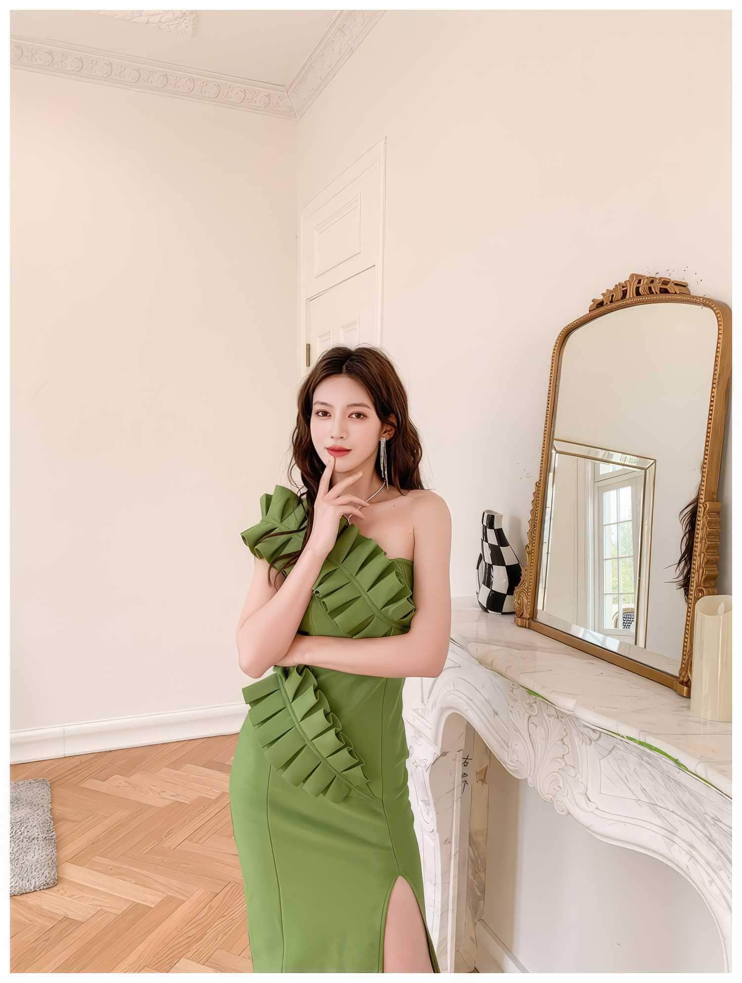 One-Strap Ruffle Detail Cocktail Split Dress