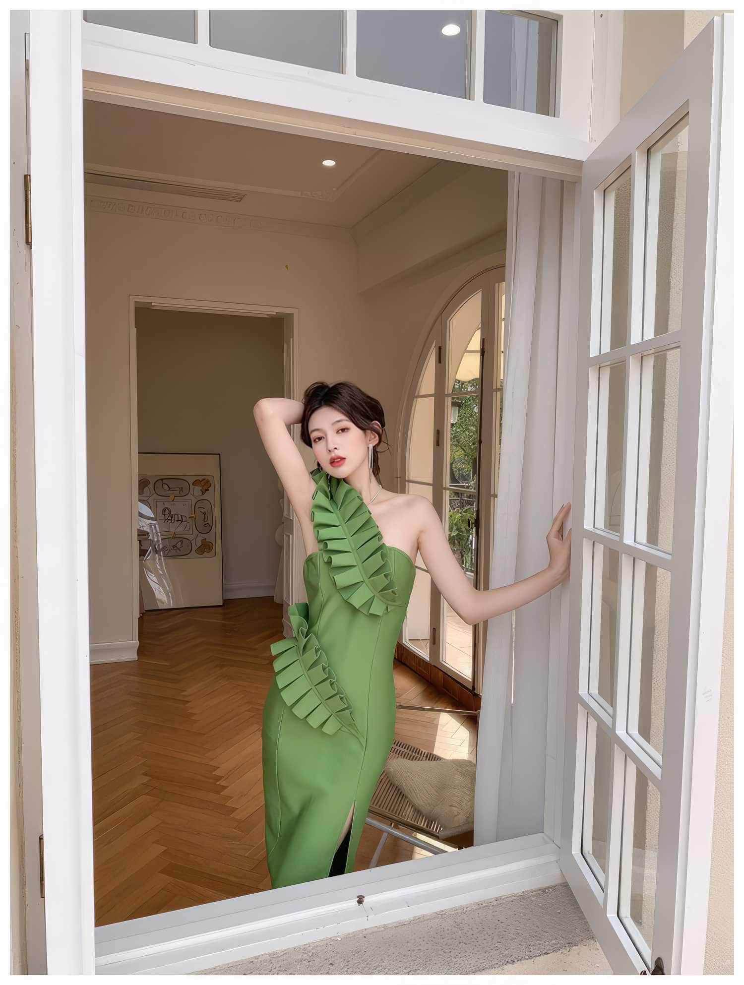 One-Strap Ruffle Detail Cocktail Split Dress