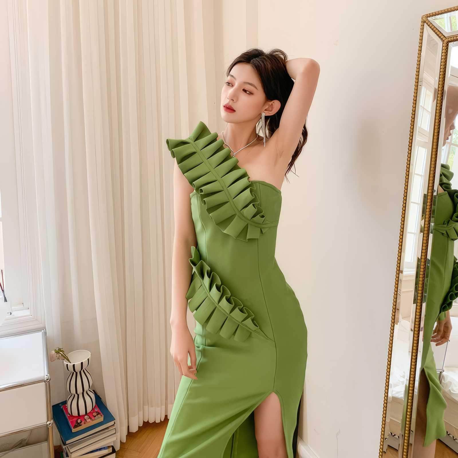 One-Strap Ruffle Detail Cocktail Split Dress