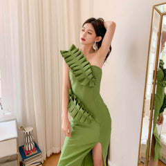 One-Strap Ruffle Detail Cocktail Split Dress