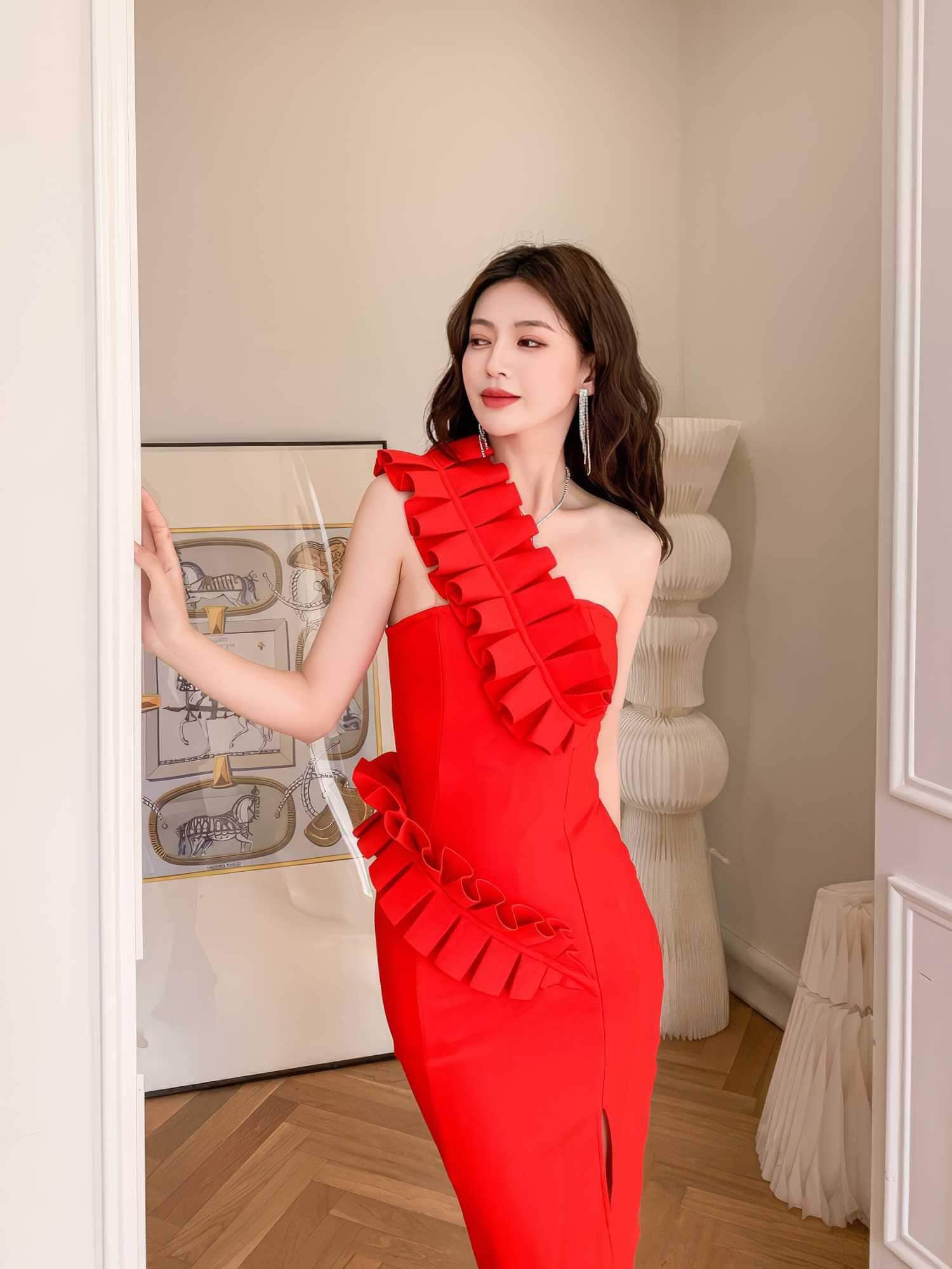 One-Strap Ruffle Detail Cocktail Split Dress S / Red