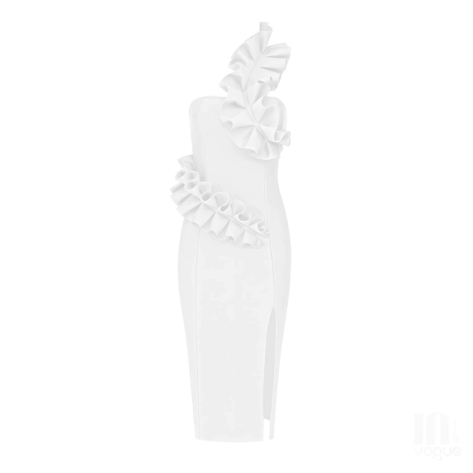 One-Strap Ruffle Detail Cocktail Split Dress S / White