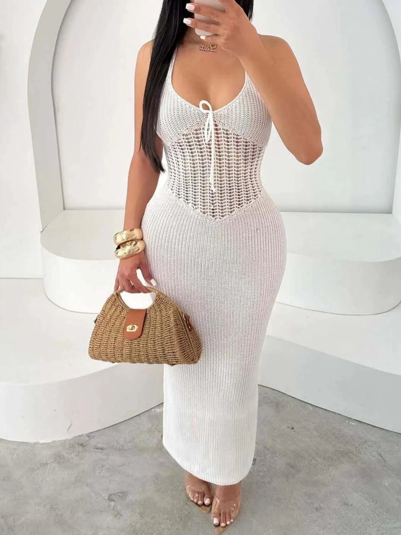 Openwork Halter Neck Sweater Maxi Dress White / S