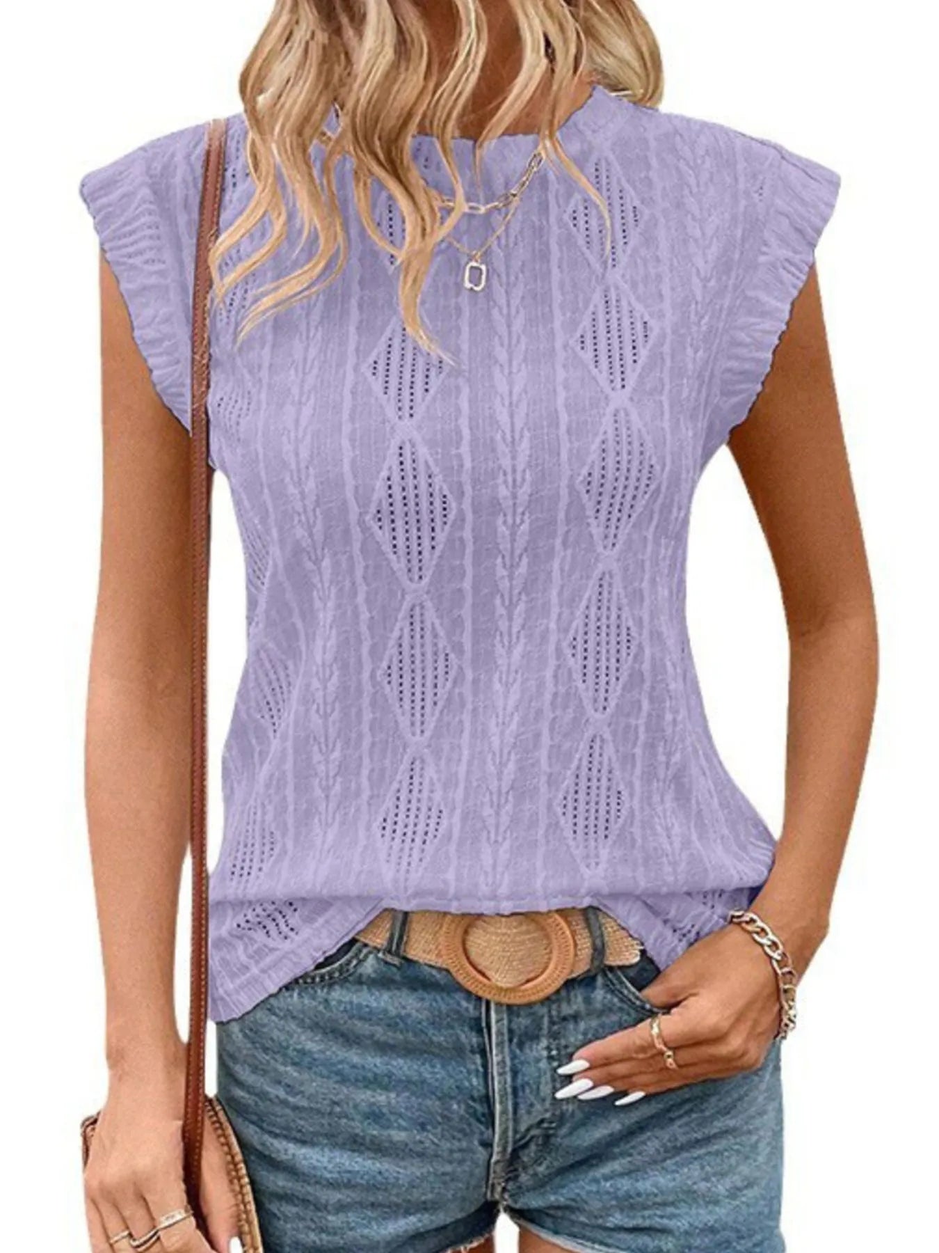 Openwork Round Neck Top Lilac Purple / S