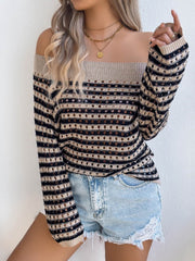 Openwork Striped Off-Shoulder Knit Top Tan / XL