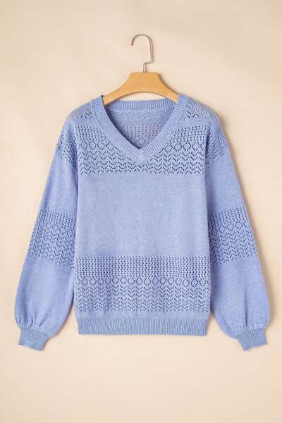 Openwork V-Neck Long Sleeve Sweater