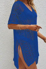 Openwork V-Neck Short Sleeve Cover Up Royal  Blue / One Size