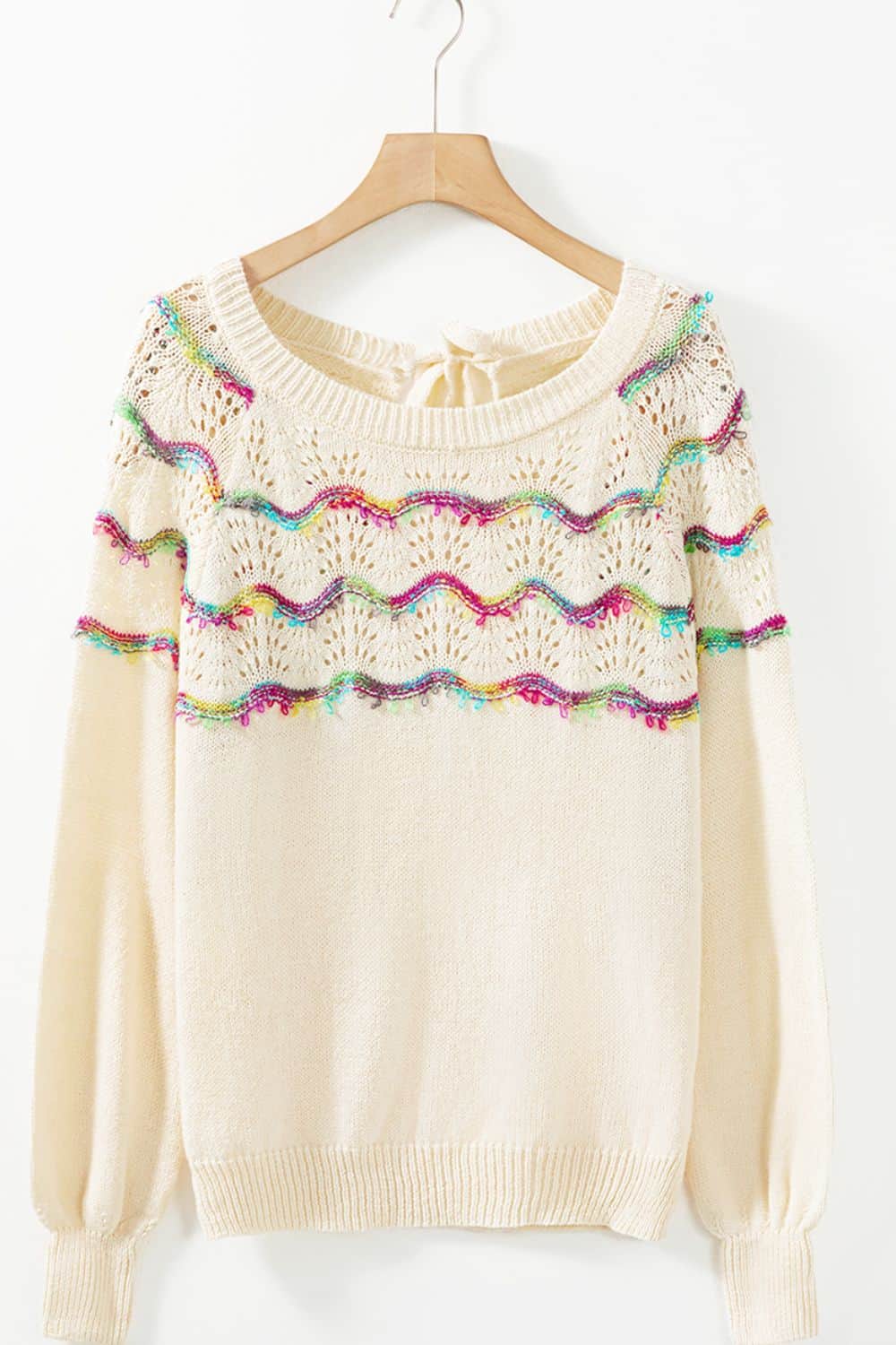 Openwork Wavy Striped Round Neck Sweater