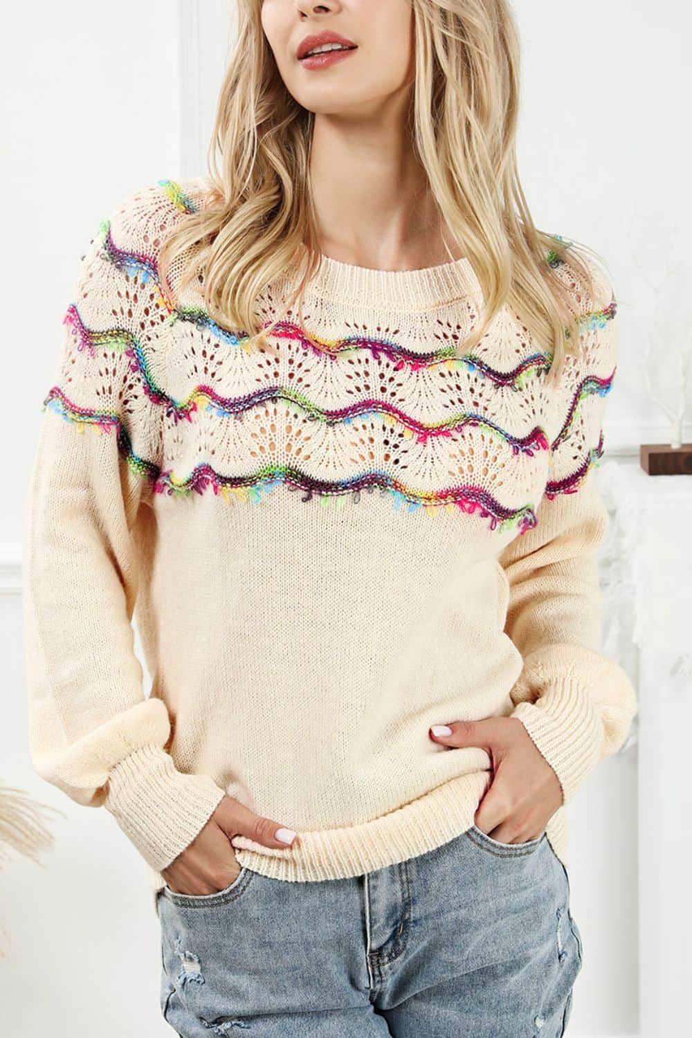 Openwork Wavy Striped Round Neck Sweater Cream / S