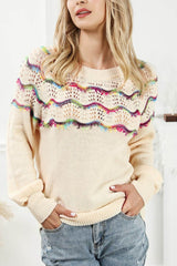 Openwork Wavy Striped Round Neck Sweater Cream / S