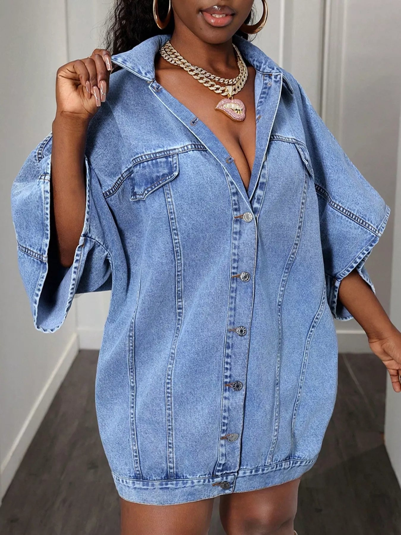 Oversized Batwing Sleeve Denim Top