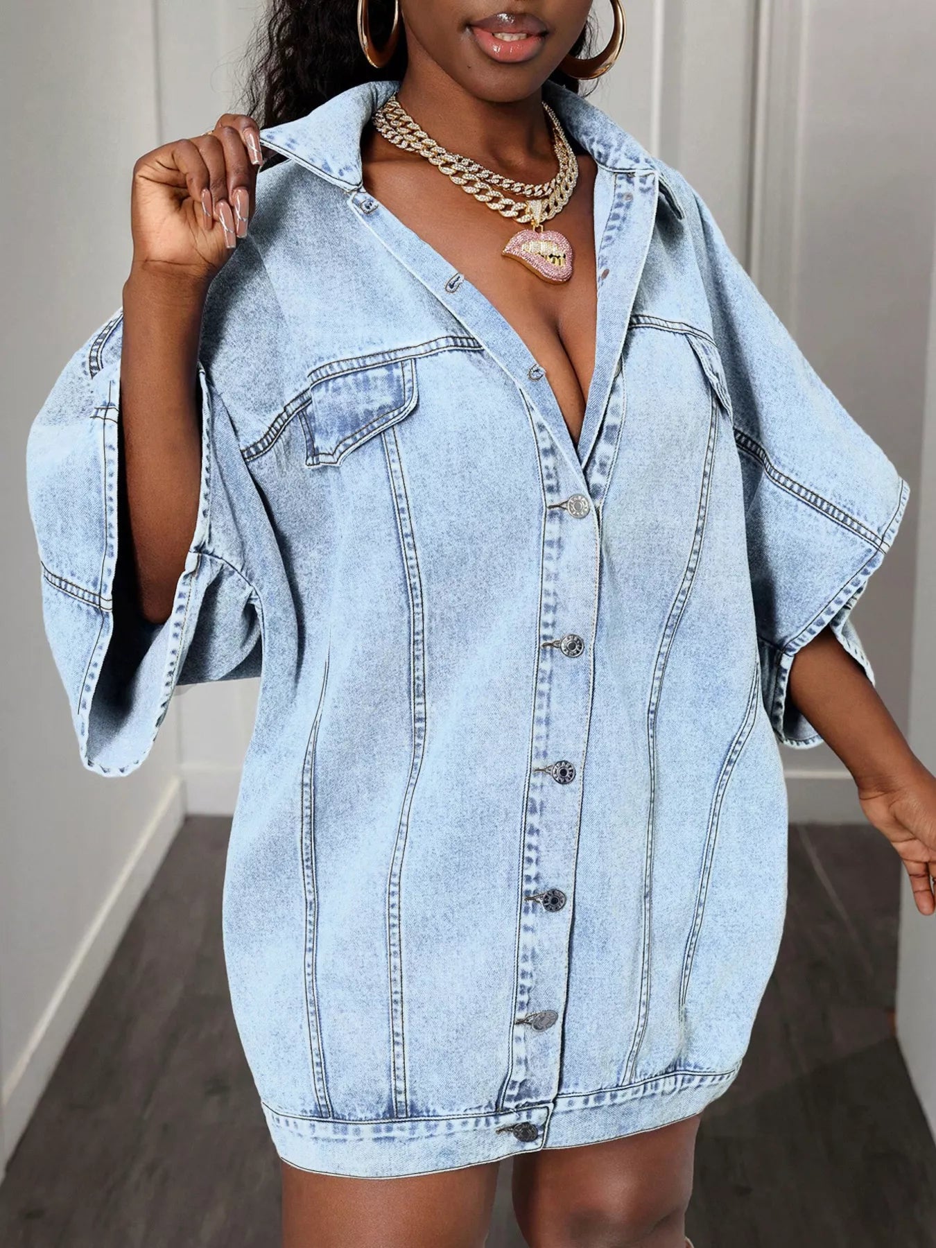 Oversized Batwing Sleeve Denim Top Sky Blue / S