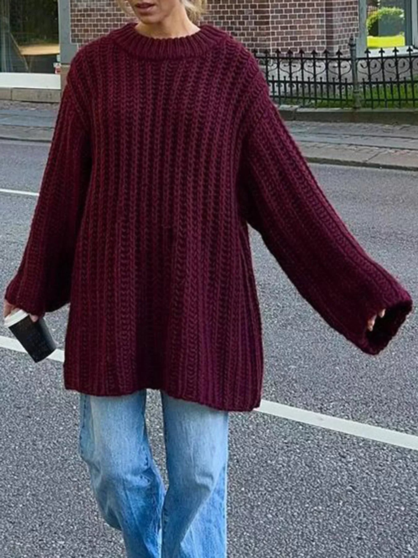 Oversized Chunky Knit Round Neck Sweater Burgundy / S