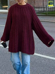 Oversized Chunky Knit Round Neck Sweater Burgundy / S