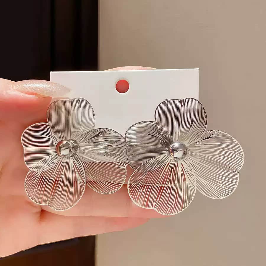 Oversized Gold Tone Flower Earrings with Delicate Filigree Wire Design Silver