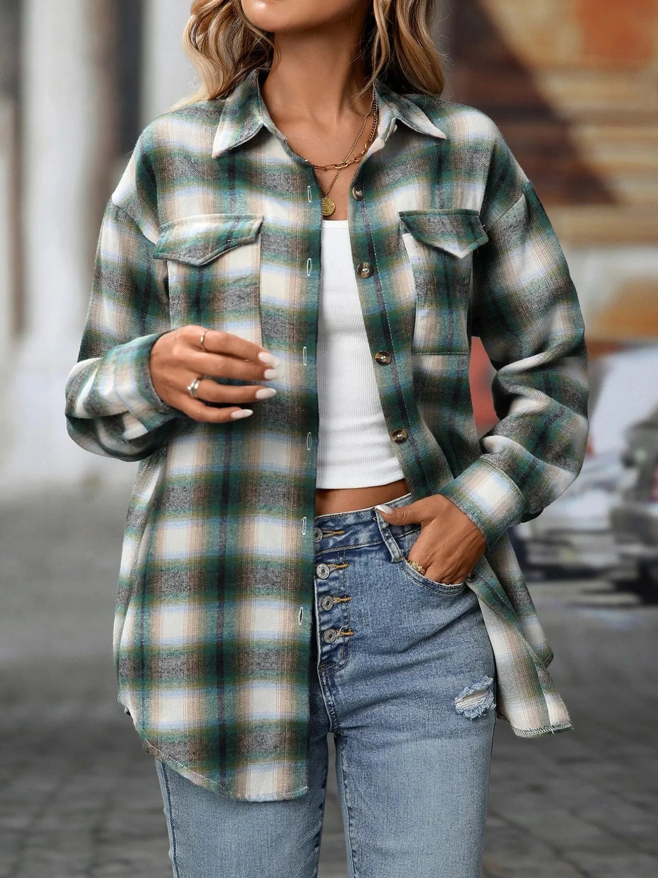 Oversized Plaid Button-Up Shirt Dark Green / S