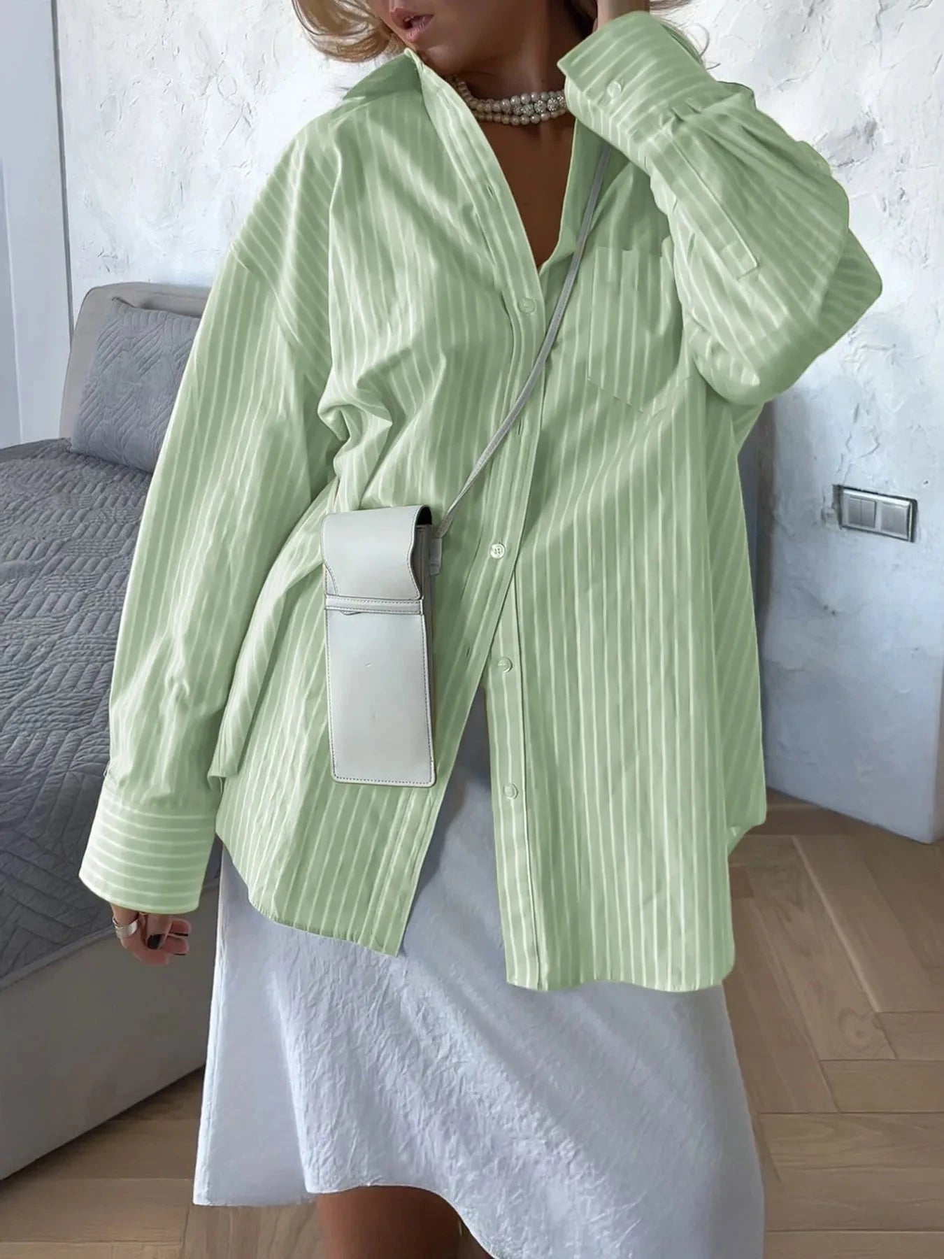 Oversized Striped Button-Down Shirt Light Green / S