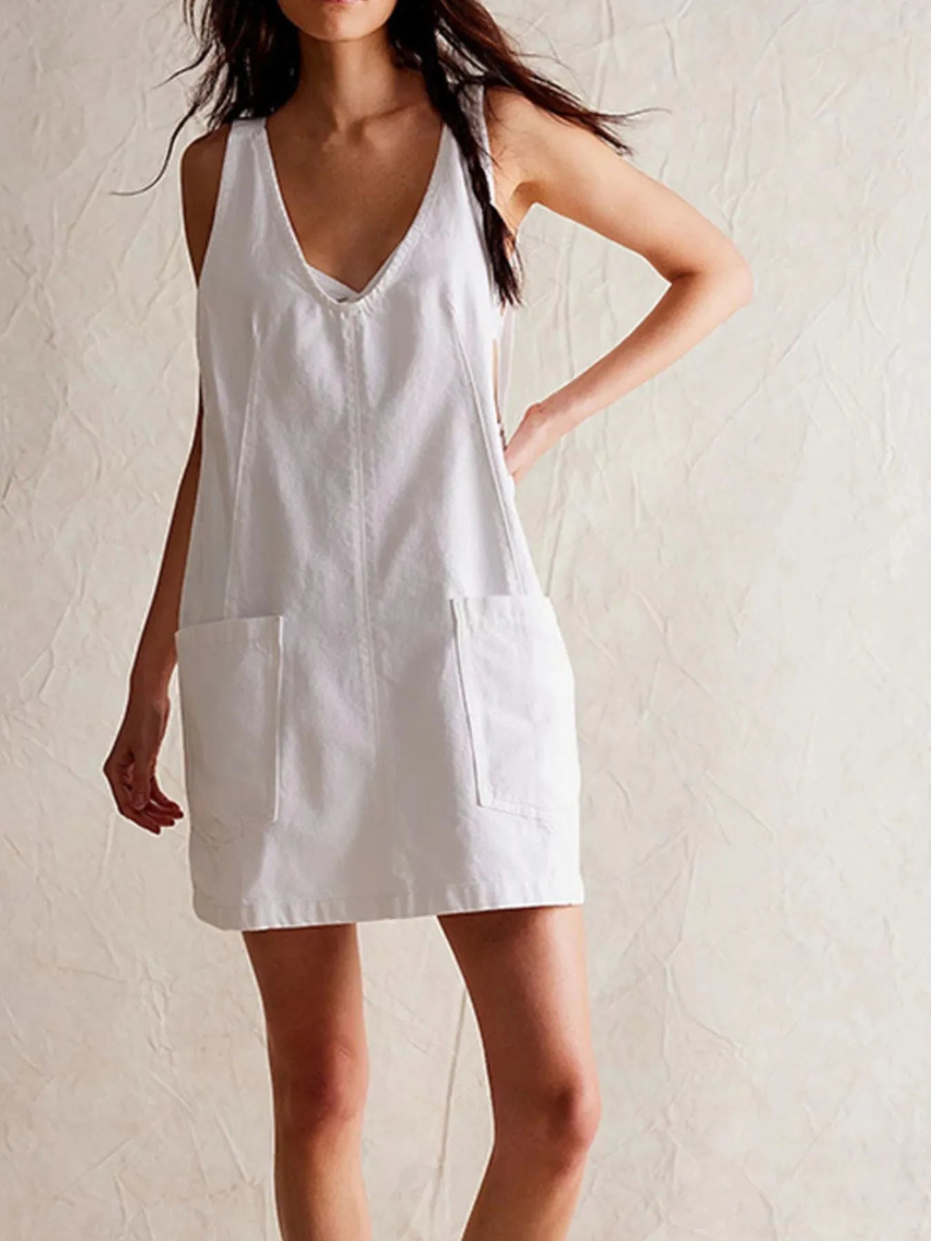 Oversized V-Neck Denim Tank Dress with Front Pockets White / S