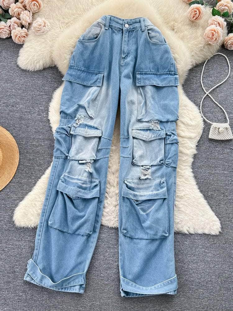 Oversized Wide Leg Cargo Pants S / LightBlue