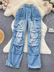 Oversized Wide Leg Cargo Pants S / LightBlue
