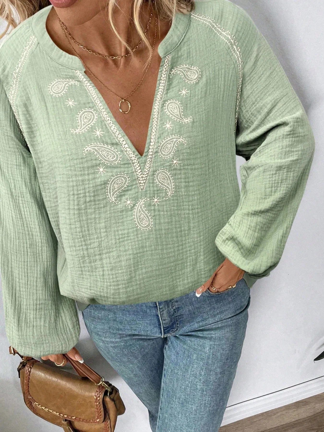 Paisley Pattern Notched Long Sleeve Blouse