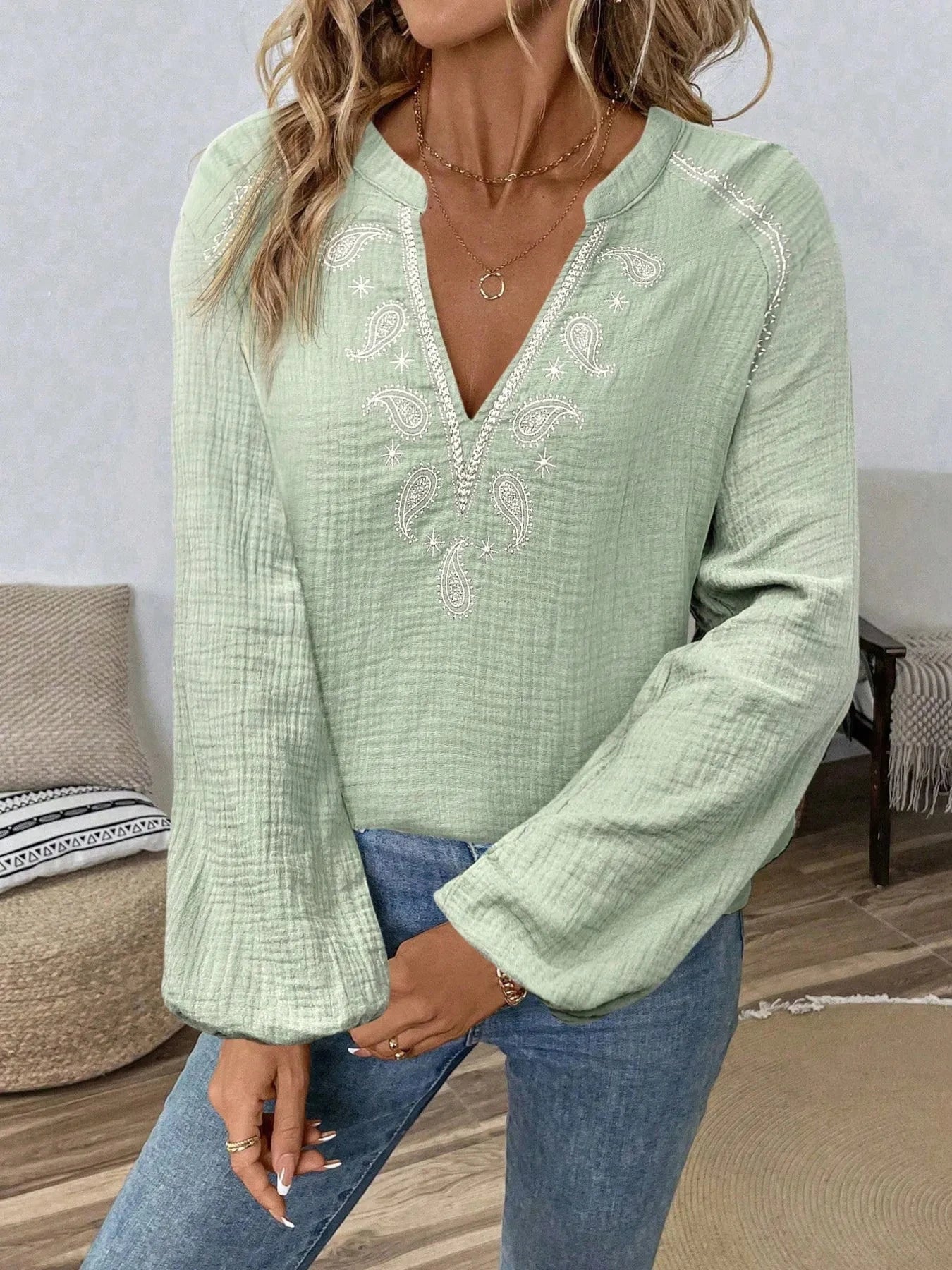 Paisley Pattern Notched Long Sleeve Blouse