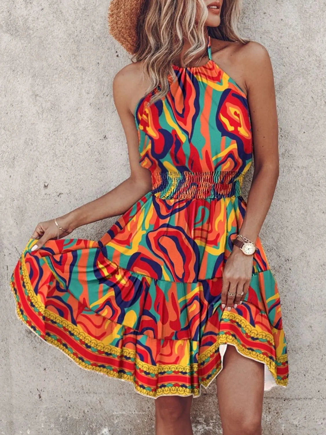 Paisley Print Halter Neck Mini Dress Orange / S