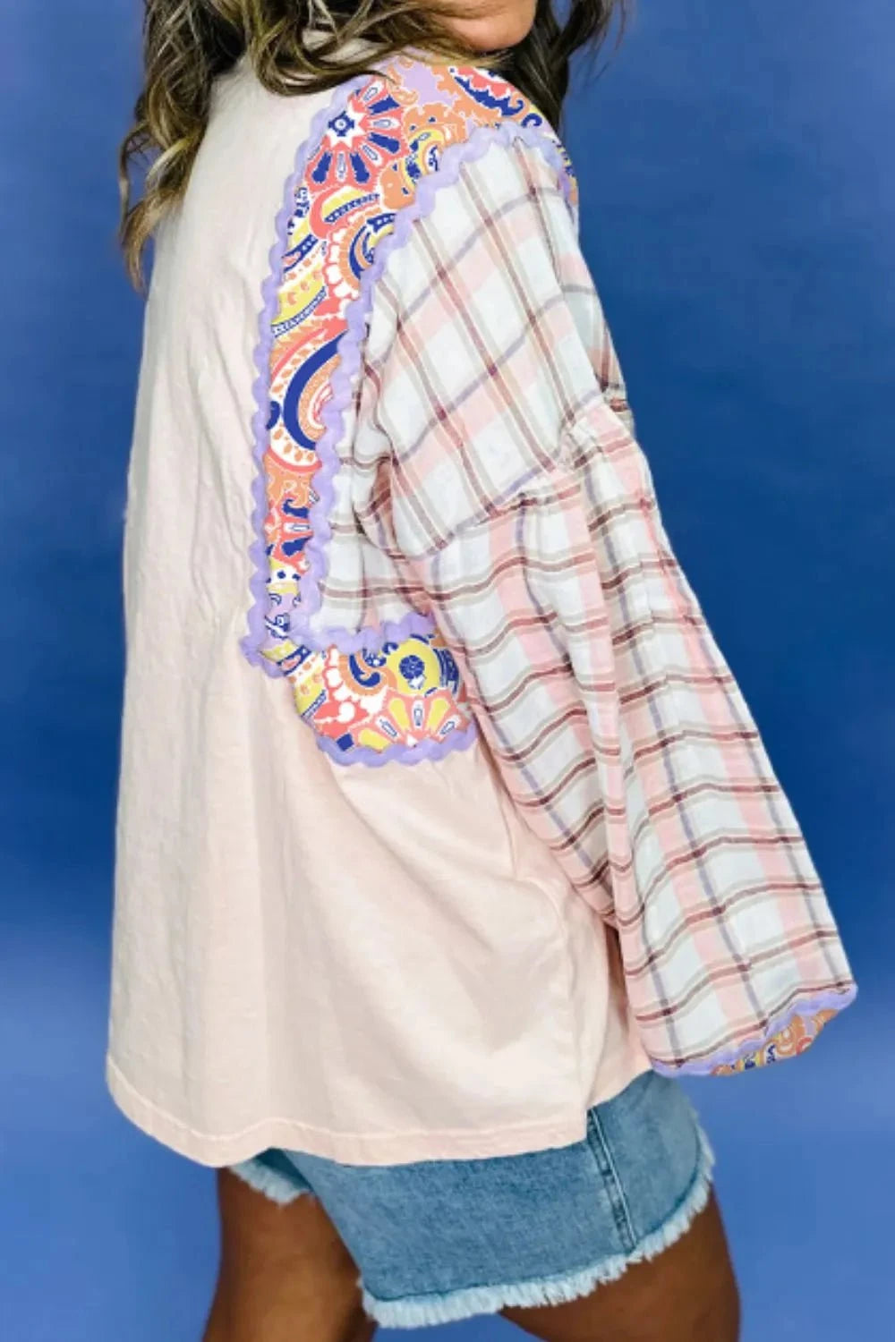 Paisley Print Plaid Long Sleeve Oversized Top