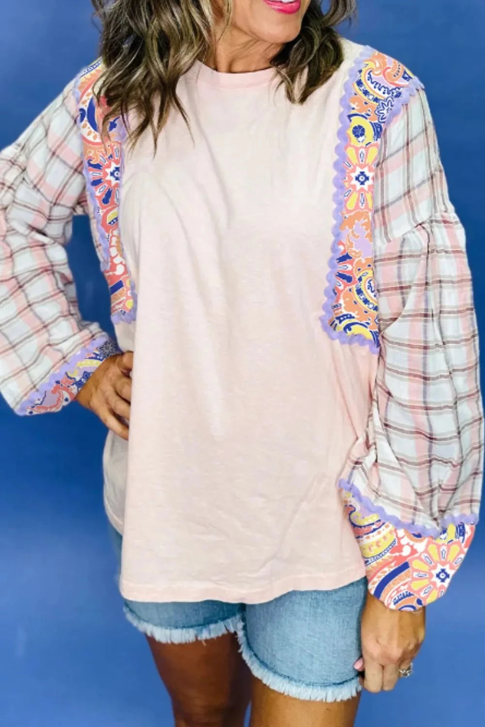 Paisley Print Plaid Long Sleeve Oversized Top Blush Pink / S