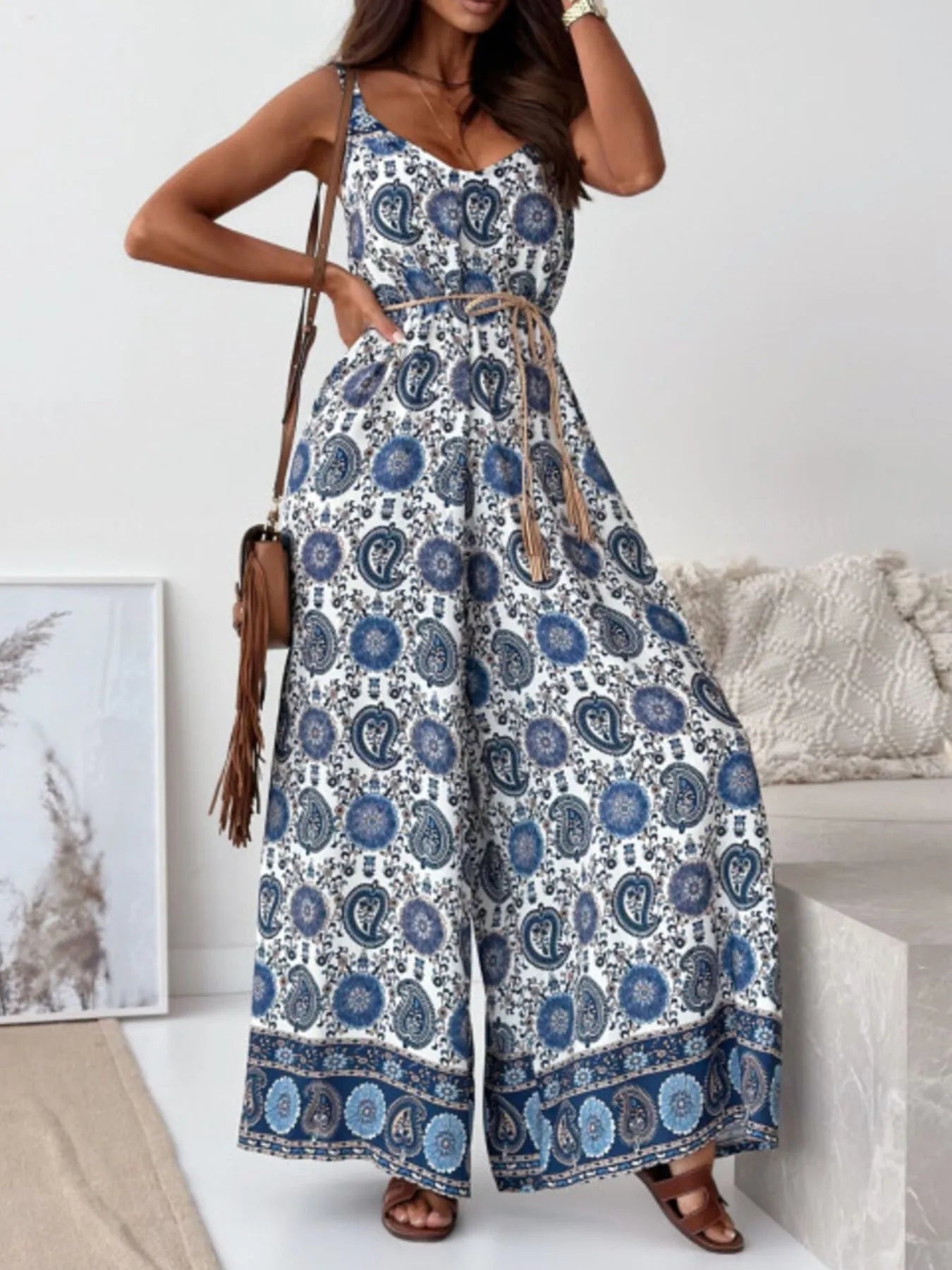Paisley Print Spaghetti Strap Wide Leg Jumpsuit Blue And White Feathers / S