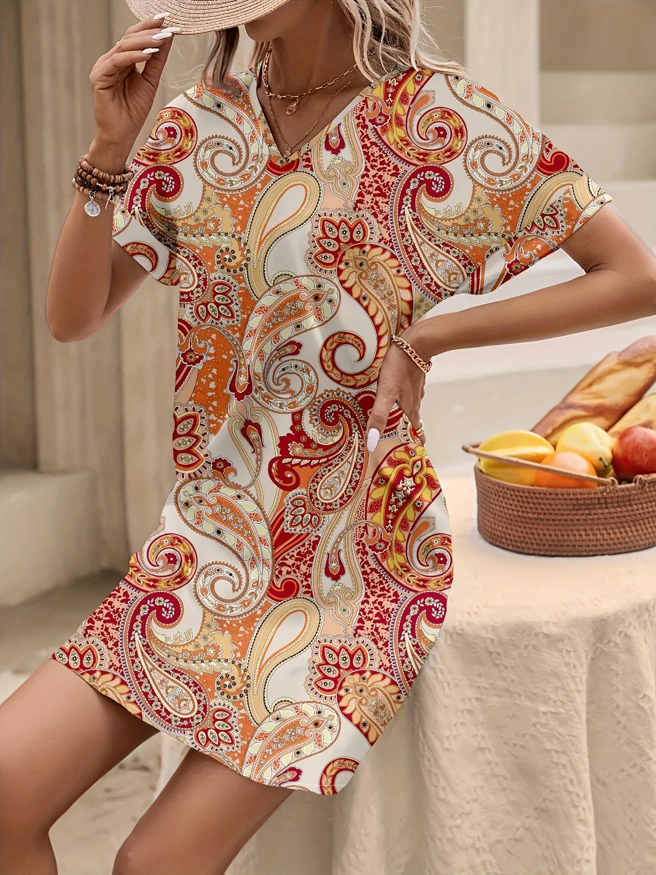 Paisley Print V-Neck Short Sleeve Summer Dress