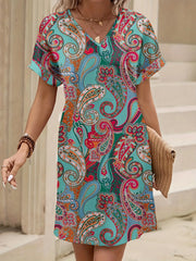 Paisley Print V-Neck Short Sleeve Summer Dress