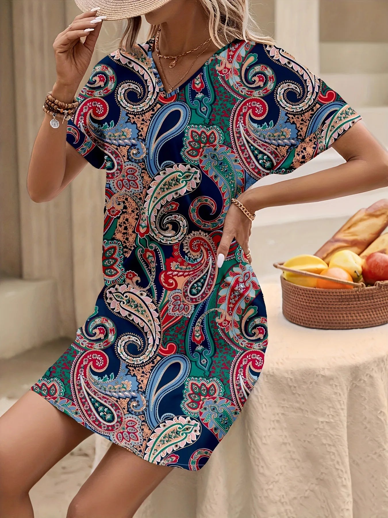 Paisley Print V-Neck Short Sleeve Summer Dress Navy Blue / S