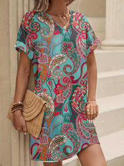 Paisley Print V-Neck Short Sleeve Summer Dress Peacock Blue / S