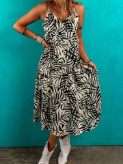 Palm Print Wrapped Spaghetti Straps Tiered Dress Beige / S