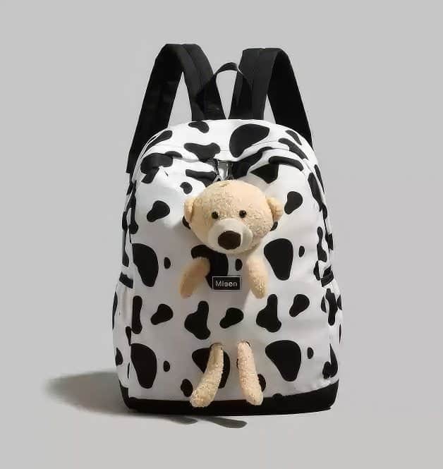 Patterned Animal Print Schoolbag with Cute Plush Bear Accent Cow Print