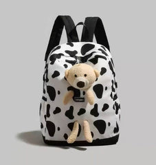 Patterned Animal Print Schoolbag with Cute Plush Bear Accent Cow Print
