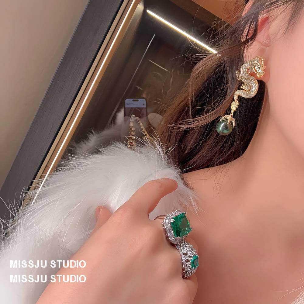 Paved Crystal Dragon Shaped Pearl Deco Earrings White