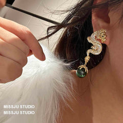 Paved Crystal Dragon Shaped Pearl Deco Earrings White